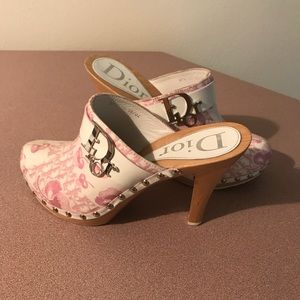Pink and white Dior wooden clogs